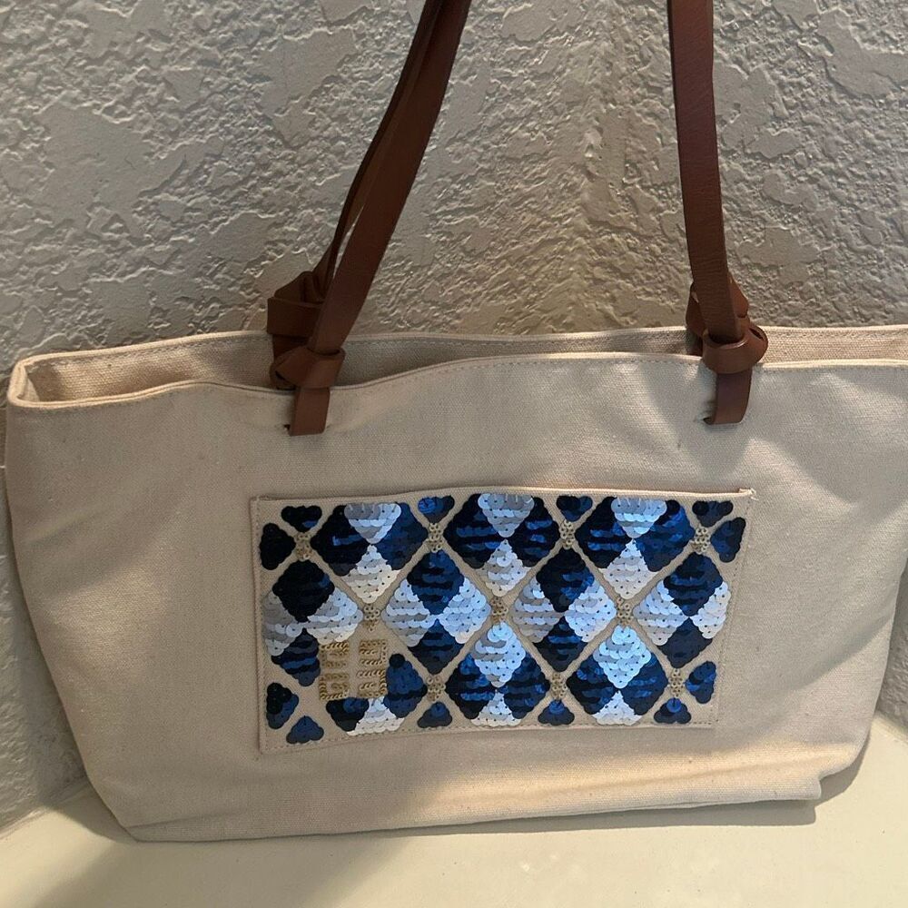 Givenchy Canvas Tote Bag Silver Gold Blue Sequin Dimond Panel Coastal Resortwear